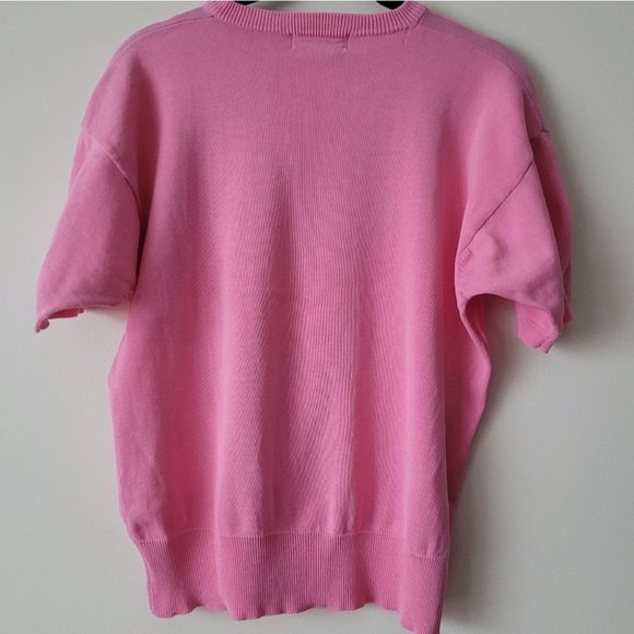 VINTAGE Woodward's Short Sleeve Embroidered Neckline Knit Pink Sweater - Picture 7 of 11